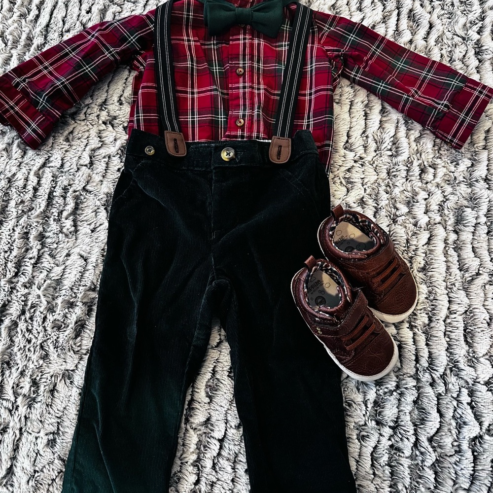 Plaid Shirt with Suspenders and Shoes